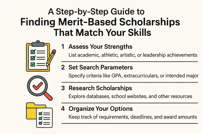 A Step-by-Step Guide to Finding Merit-Based Scholarships That Match Your Skills A landscape infographic titled "A Step-by-Step Guide to Finding Merit Based Scholarships That Match Your Skills," featuring five steps with icons and descriptions: assess your strengths, set search parameters, research scholarships, organize your options, and prepare strong applications. Designed with clear visuals and colorful graphics on a white background.
